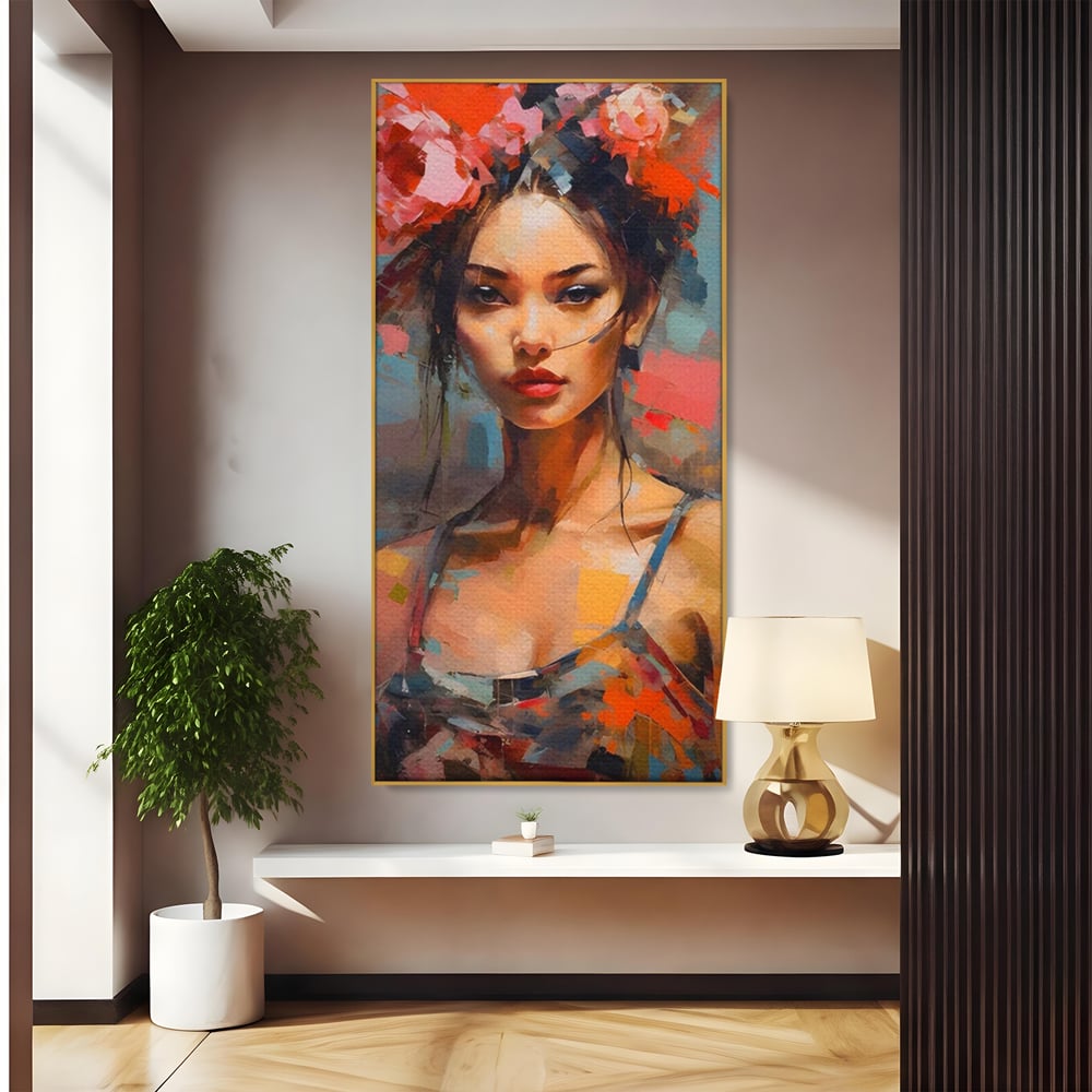 Tablou canvas cu tablou canvas cu portret de femeie, in rama de aluminiu auriu